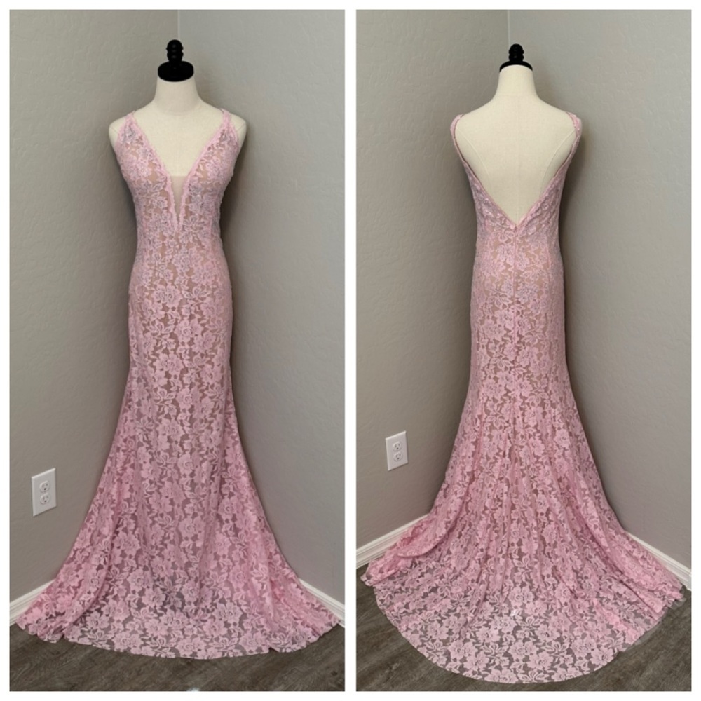 NEW JOVANI SZ 18 PINK LACE NUDE ILLUSION BEADED FORMAL EVENING GOWN